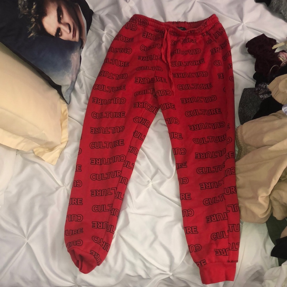 Red culture sweatpants.